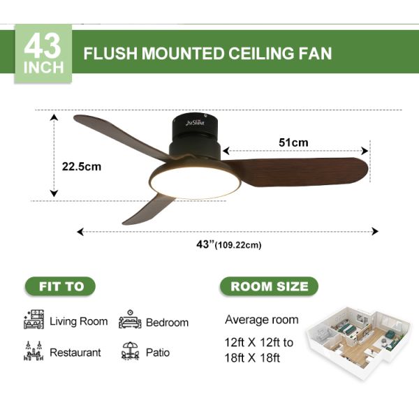 Ventilador de teto de material metálico com motor de corrente contínua de baixo ruído e iluminação LED de ar condicionado