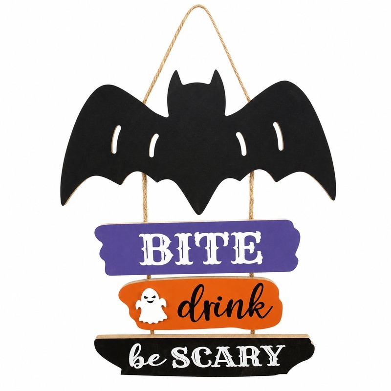 Custom Wooden Halloween Bat Bite Drink Be Scary Hanging Sign